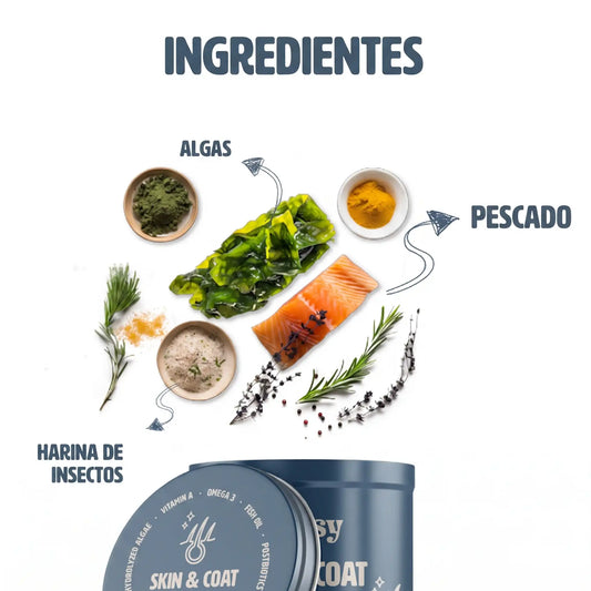 Ingredientes del suplemento Piel & Pelaje Gutsy: aceite de pescado, biotina y omega-3