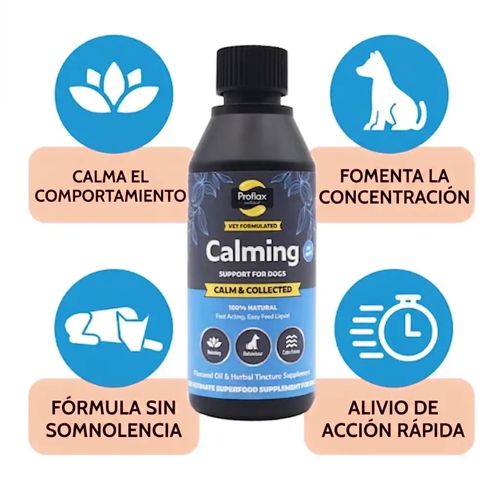 bote de suplemento calma total de proflax con sus beneficios como concentracion, alivio de estres