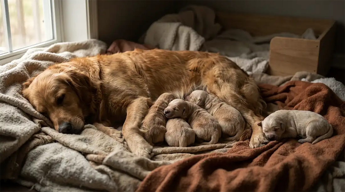 Camada de cachorros recién nacidos amontonados durmiendo junto a su madre, con uno ligeramente apartado del grupo