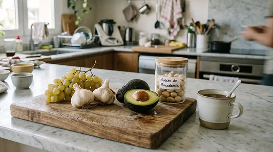 Uvas, ajo, masa de pan cruda y otros alimentos comunes de cocina que pueden ser peligrosos para los perros.