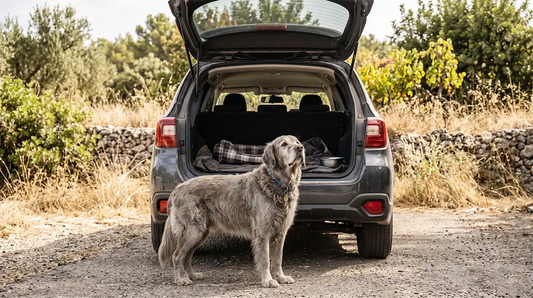 Un perro mayor de pelaje grisáceo parado frente al maletero abierto de un coche oscuro, mirando hacia el interior con expresión de duda antes de saltar, durante un caluroso día de verano en un entorno rural seco.