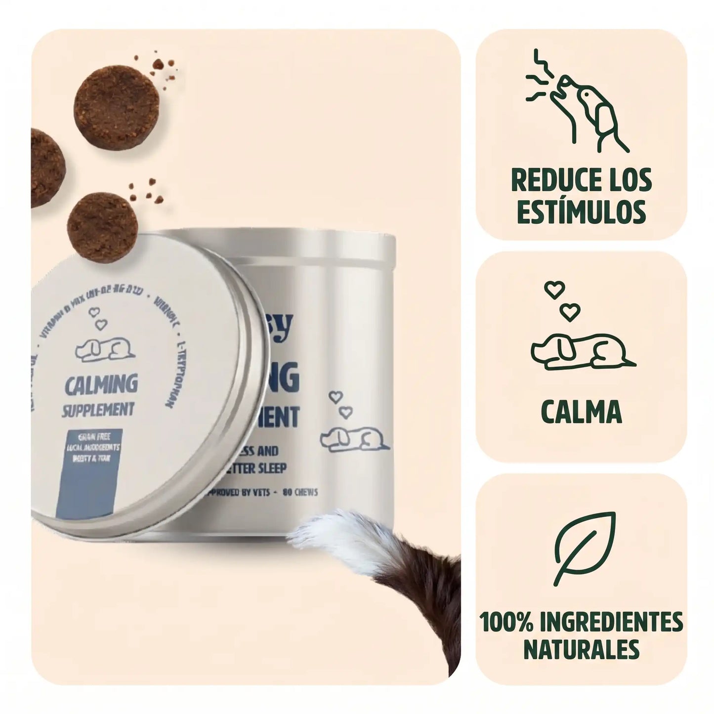 Beneficios del suplemento Calma Gutsy para reducir la sobreestimulación en perros