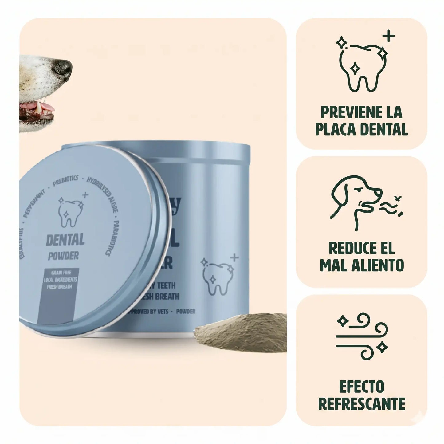Infografía con los beneficios del Polvo Dental Gutsy contra el mal aliento en perros