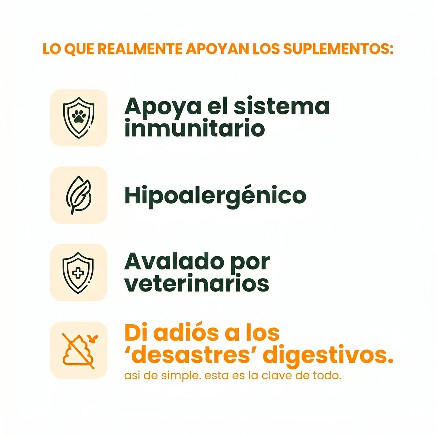Infografía con los beneficios principales del suplemento probiótico Gutsy para perros. Destaca cuatro ventajas clave: apoya el sistema inmunitario, es una fórmula hipoalergénica, está avalado por veterinarios y ayuda a decir adiós a los desastres digestivos.