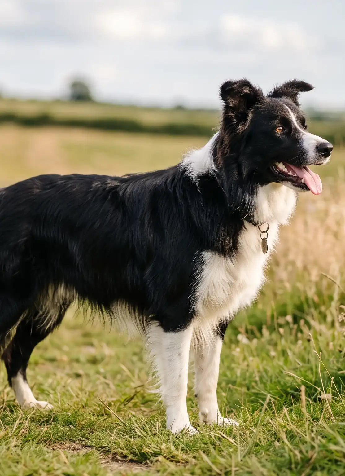 perro border collie en el campo, mirando a la lejanía, relajado, con su pelaje muy brillante