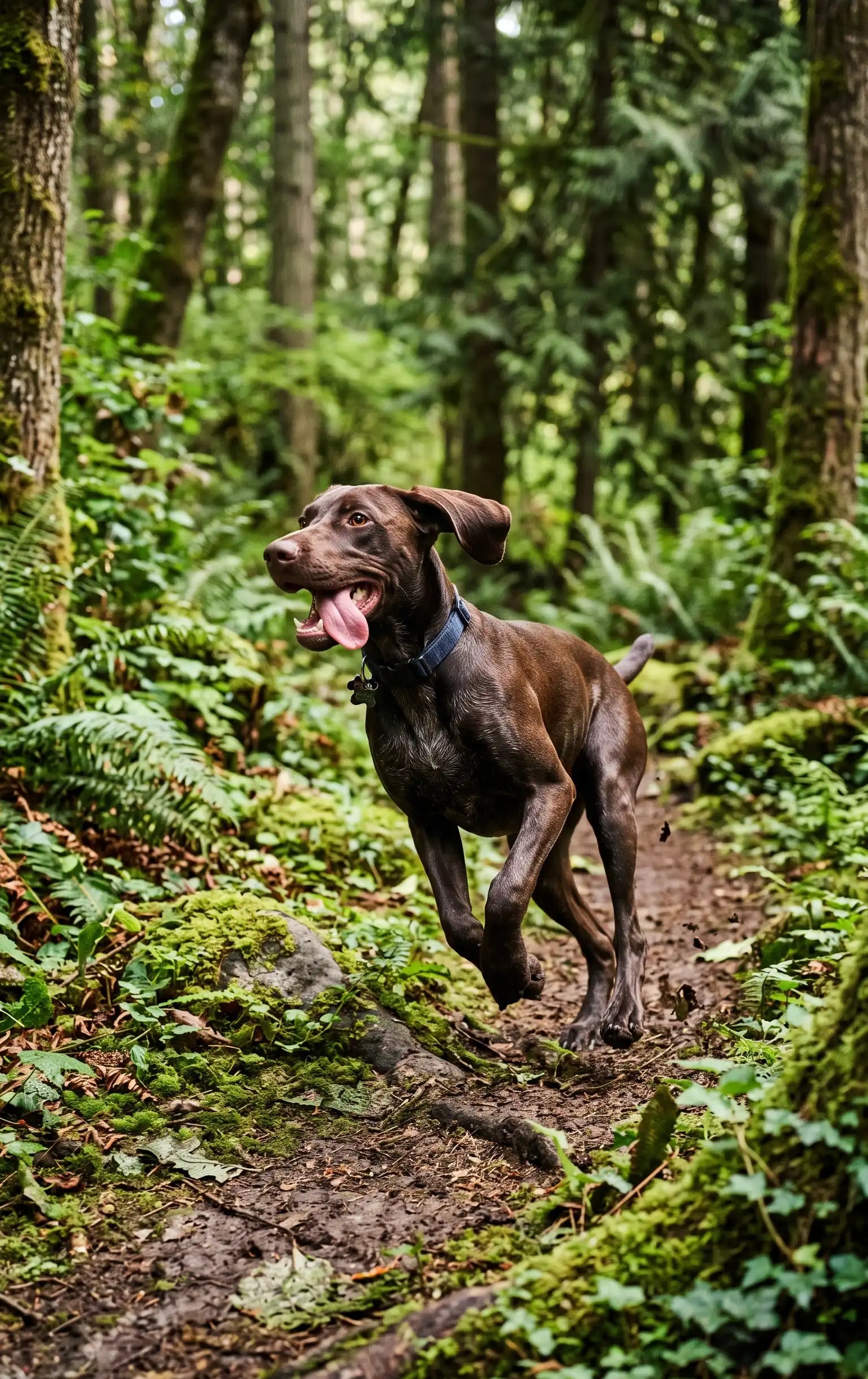 Cachorro de Pointer con su pelaje muy brillante y sano, corriendo por un bosque húmedo, con la lengua afuera. Su pelo es marrón y lleva un collar azul.