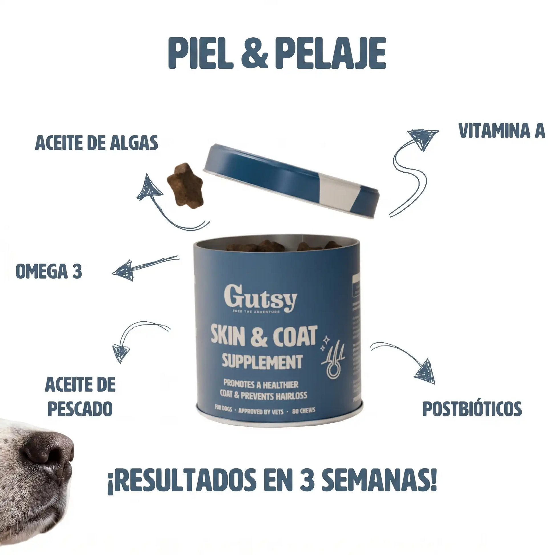 Fórmula del suplemento Piel & Pelaje Gutsy con resultados visibles en 3 semanas