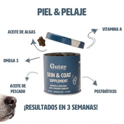 Fórmula del suplemento Piel & Pelaje Gutsy con resultados visibles en 3 semanas