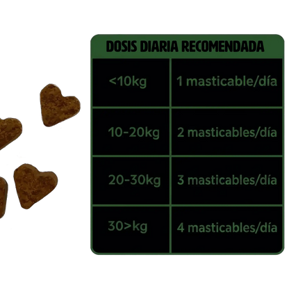 Infografía titulada "GUÍA DE ALIMENTACIÓN DIARIA" para suplementos masticables para perros, mostrada en texto verde. A la izquierda de la tabla hay masticables de color marrón con forma de corazón. La tabla detalla las recomendaciones de dosificación diaria según el peso del perro: menos de 10kg recibe 1 masticable/día; 10-20kg recibe 2 masticables/día; 20-30kg recibe 3 masticables/día; y más de 30kg recibe 4 masticables/día.