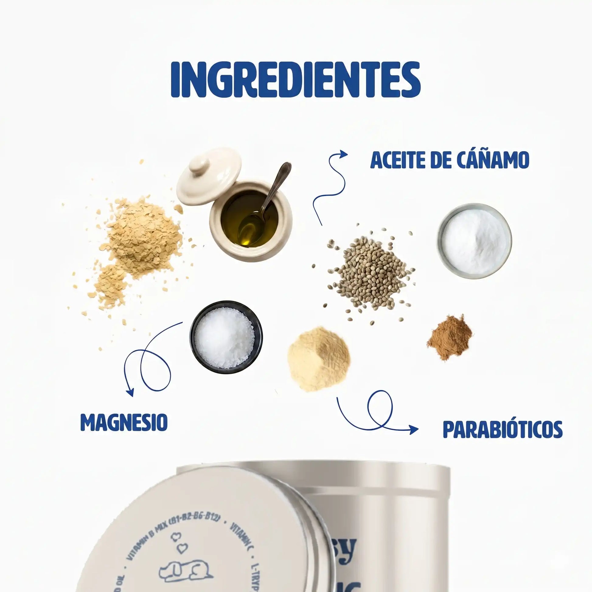 Ingredientes del suplemento Calma Gutsy: aceite de cáñamo, magnesio y triptófano