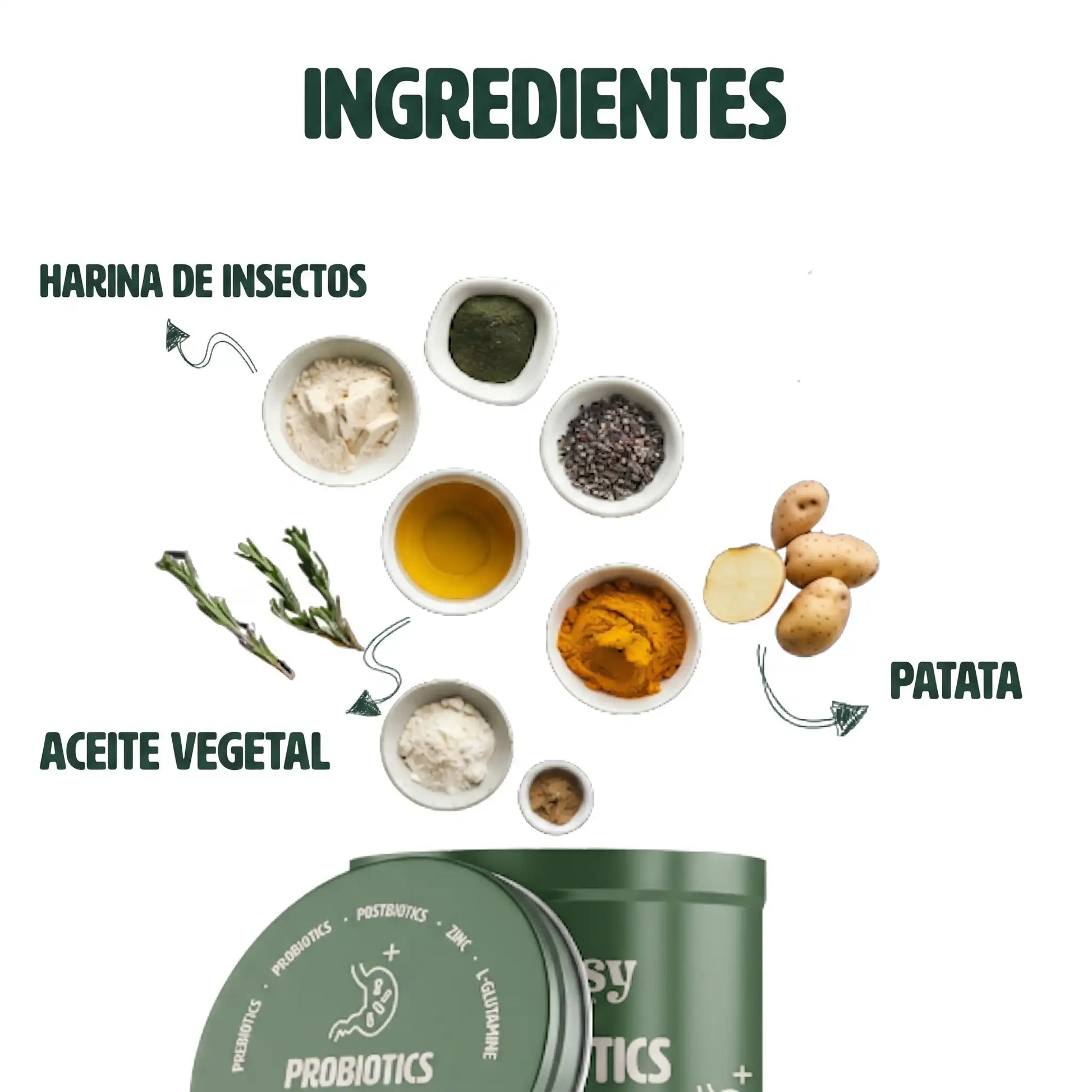 Ingredientes naturales del suplemento probiótico Gutsy para perros, incluyendo harina de insectos, patata y aceite vegetal.