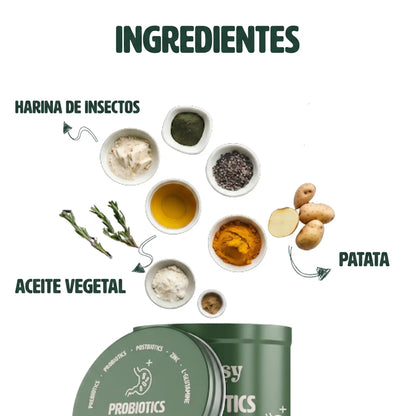 Ingredientes naturales del suplemento probiótico Gutsy para perros, incluyendo harina de insectos, patata y aceite vegetal.