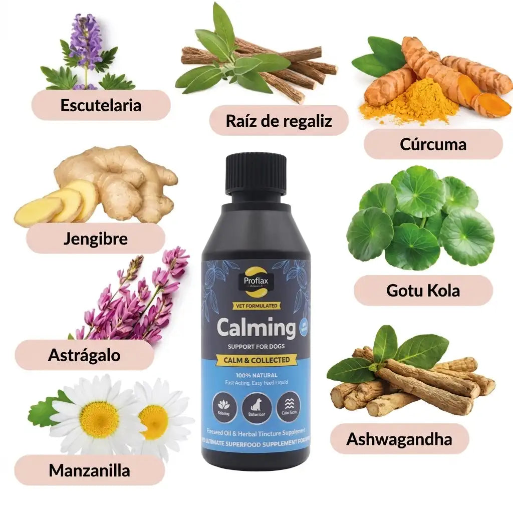 ingredientes listados del supleento de proflax calma total, calming, calm & collected con manzanilla, ashgawanda, astragalo, jengibre, regaliz, curcuma
