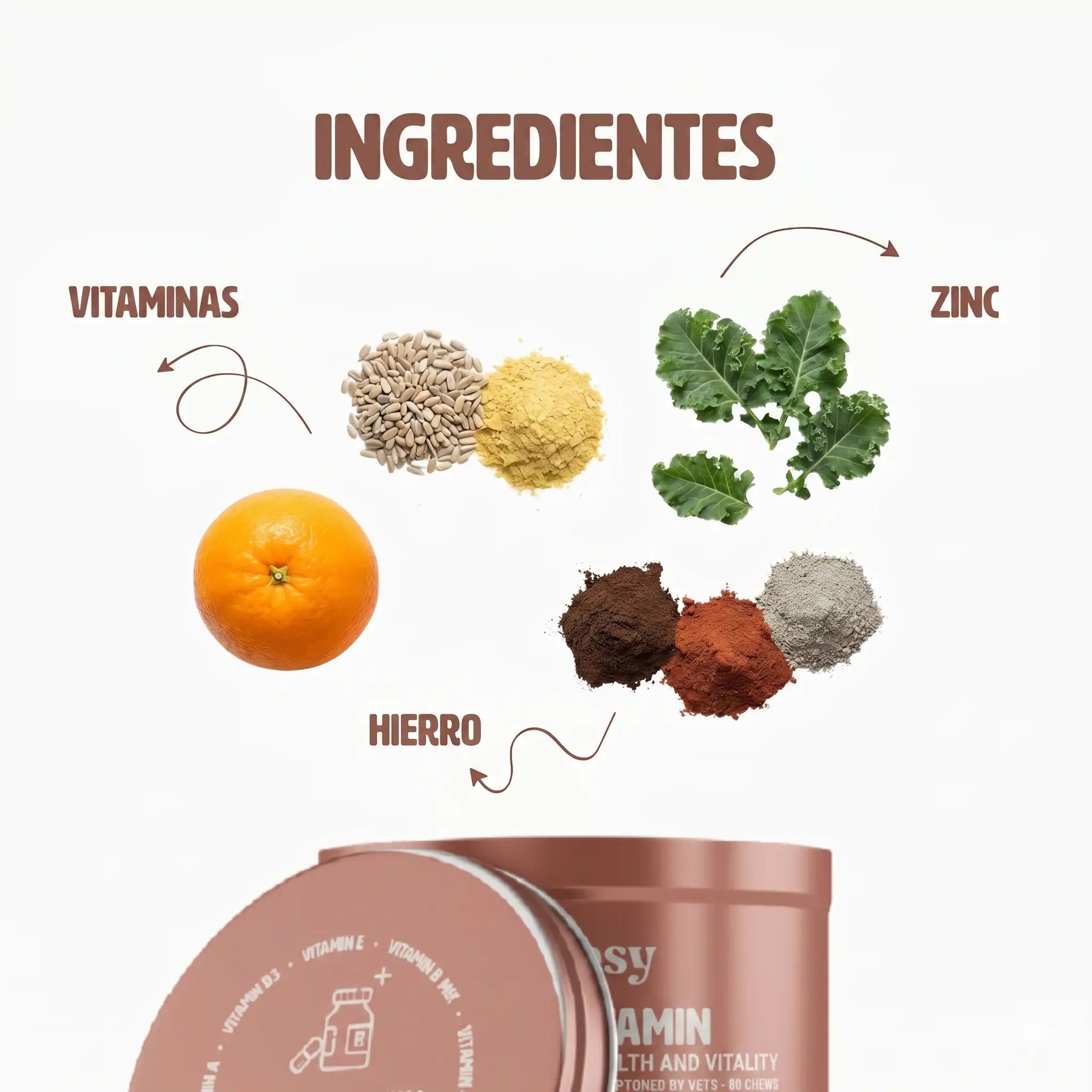 Ingredientes del Multivitamínico Gutsy: vitaminas A, C, D3, E y minerales para perros