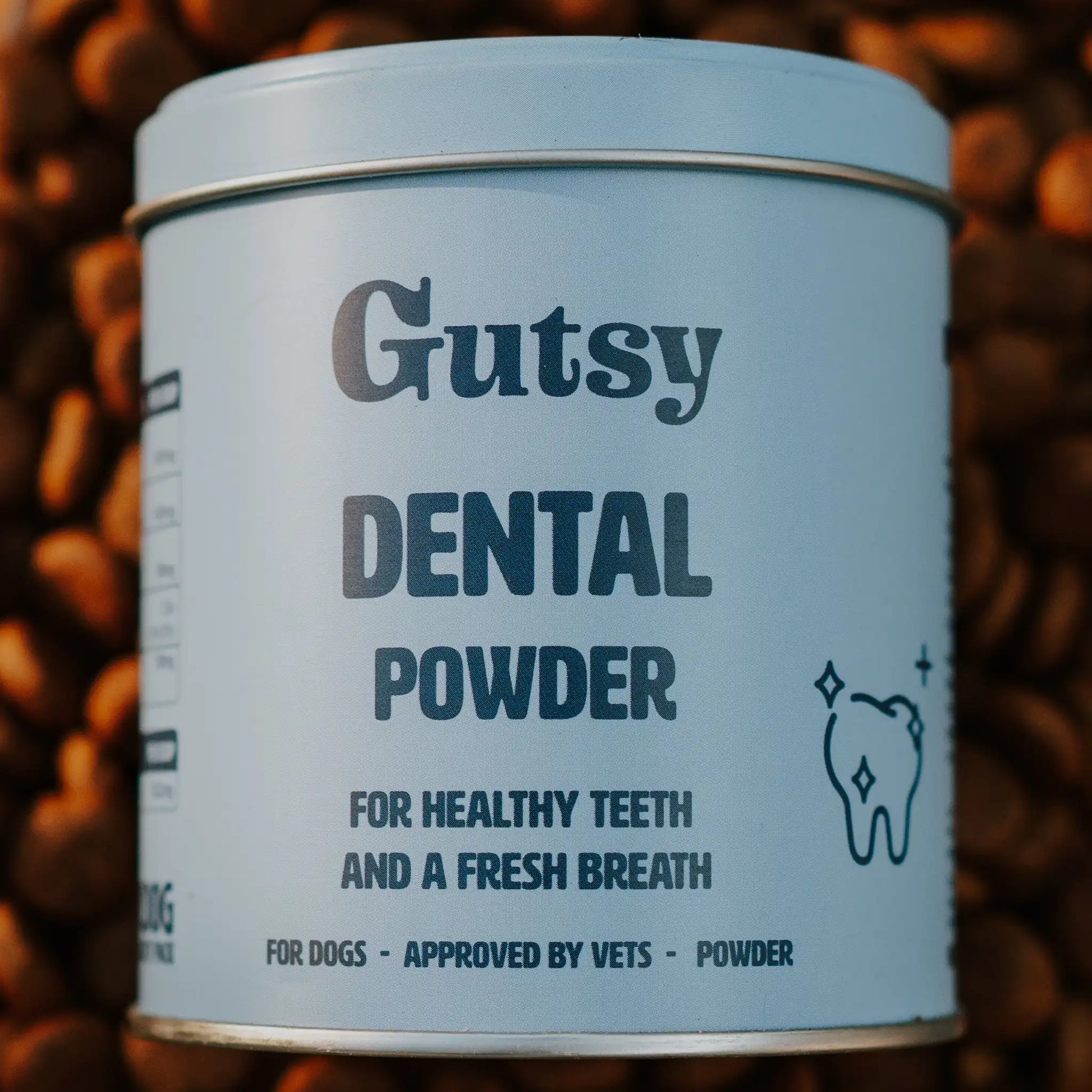 Lata de Polvo Dental Gutsy, suplemento natural para la higiene bucal canina