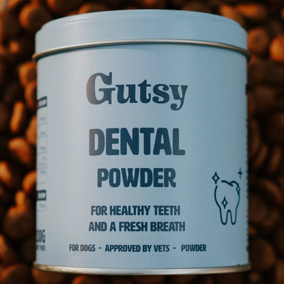 Lata de Polvo Dental Gutsy, suplemento natural para la higiene bucal canina