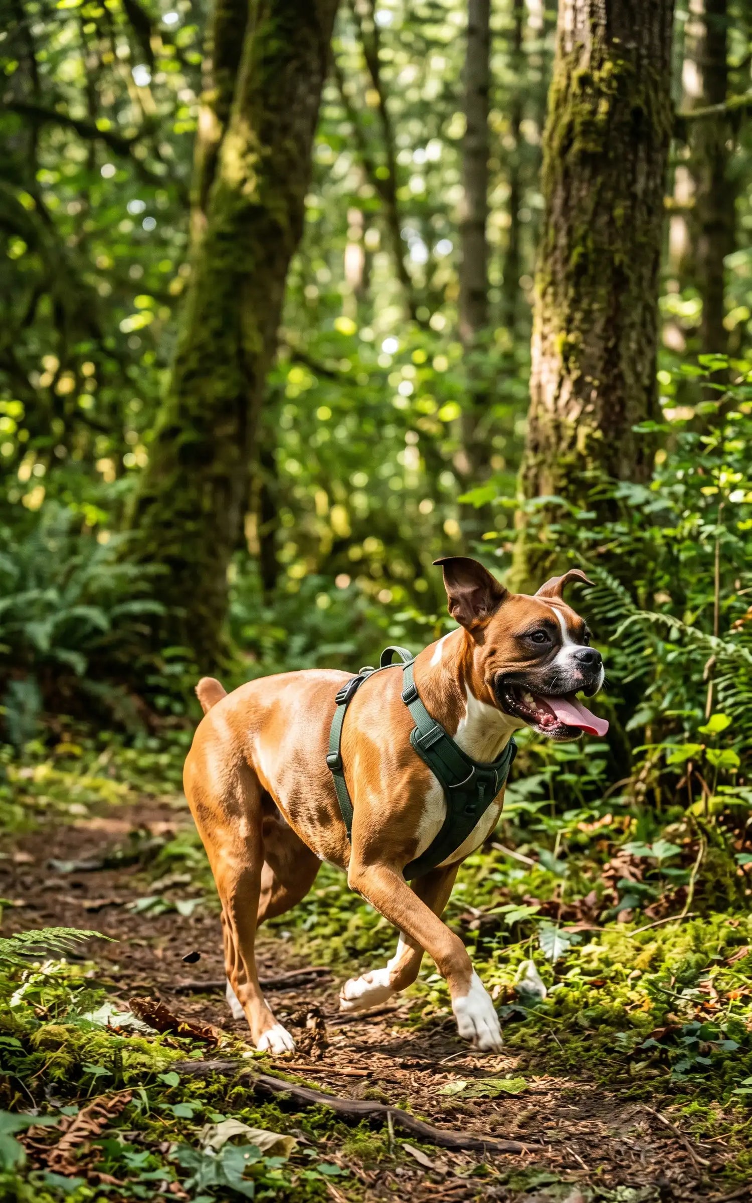 Hembra de perro bóxer de pelaje muy brillante y marrón corriendo por la naturaleza