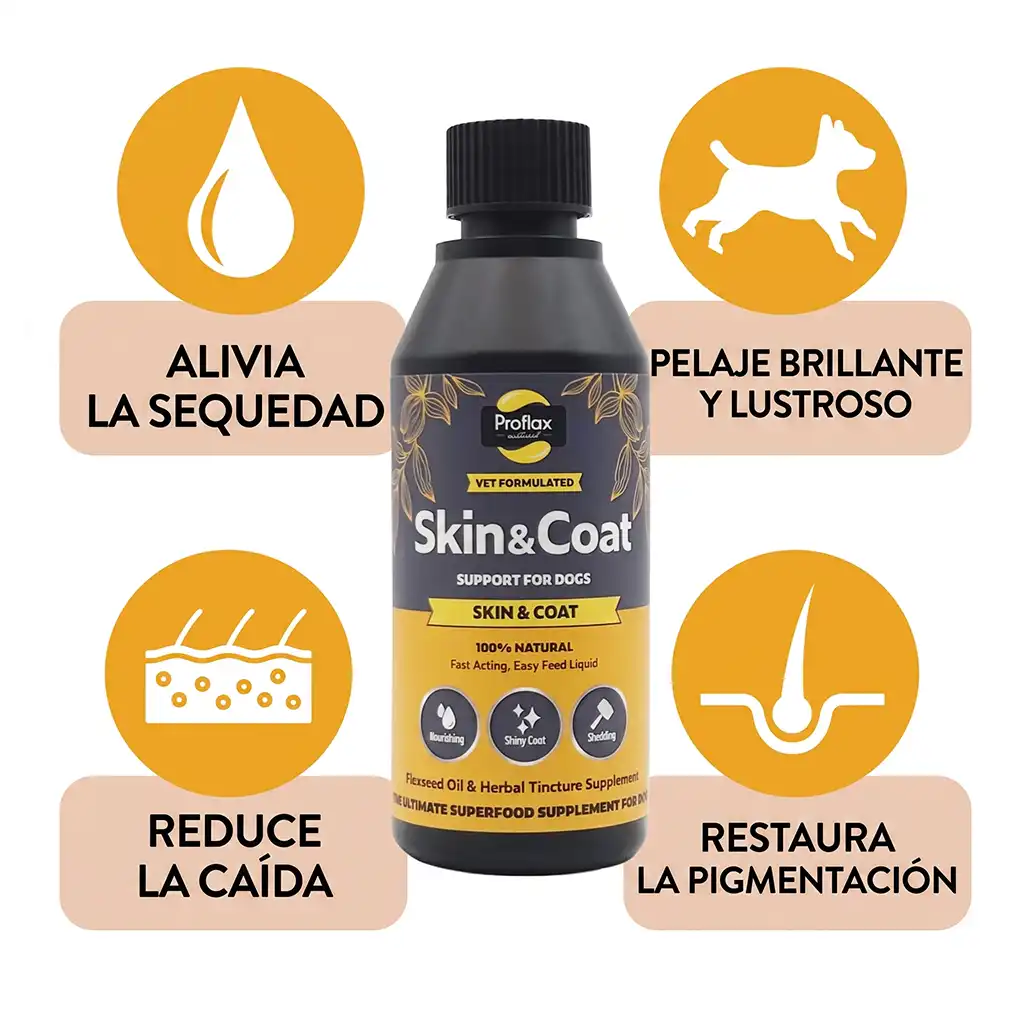 Beneficios del aceite Proflax para piel y pelaje: hidratación, brillo natural y reducción de la muda en perros