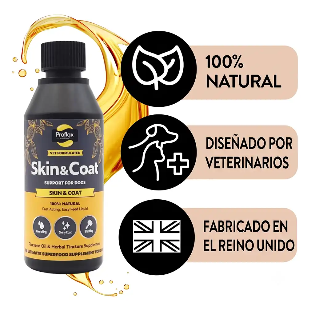 Suplemento Piel Sana Pelo Brillante de Proflax, aceite de lino con hierbas para una piel sana y pelaje brillante