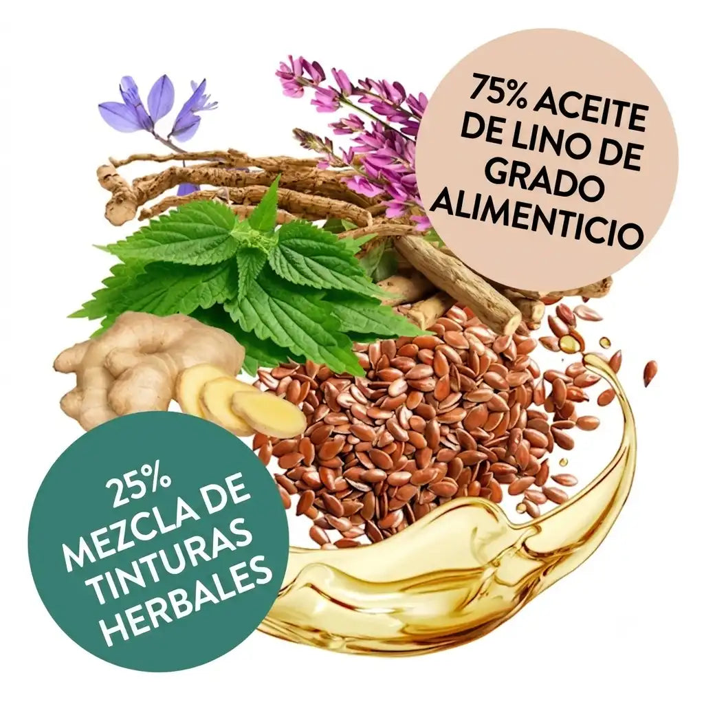 mezcla de semillas y hierbas para suplementos proflax, con aceite de lino, jengibre y ashgawanda